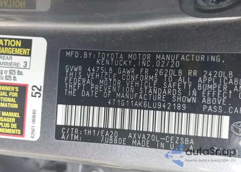 2020 Toyota Camry Se z USA, uszkodzony, nr VIN 4T1G11AK6LU942189